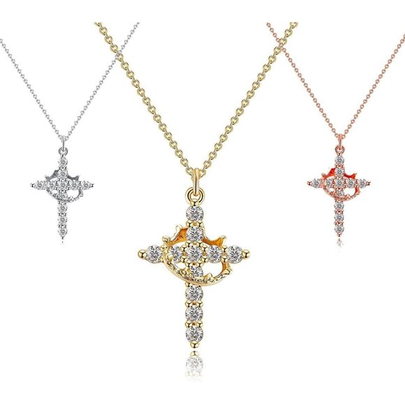 3-Pack Women’s Dainty Cross Necklaces in 14K Gold Rose Gold & Silver Plated